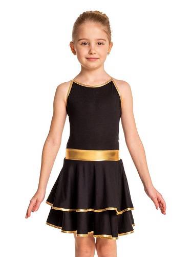 Black children's women's dress with thin straps, frills and golden trim.