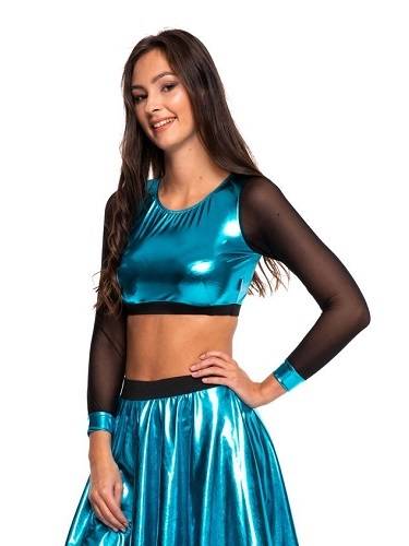 Girls' metallic turquoise long-sleeved mesh athletic top with shimmer for performances.