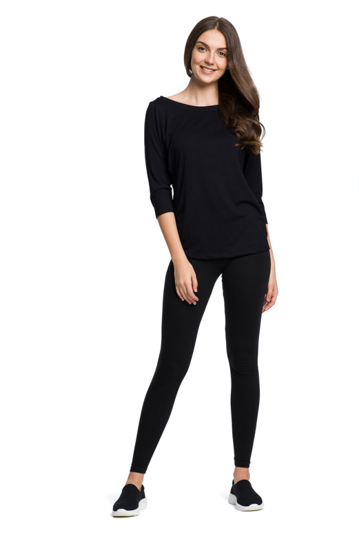 Black Viscose Top with Wide Neckline and 3/4 Sleeves