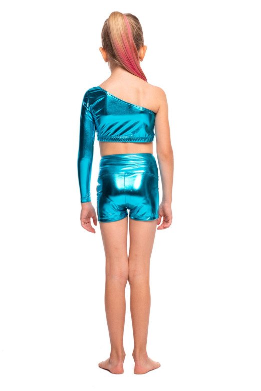 Metallic shimmering asymmetrical turquoise long-sleeved sports top for girls with slanted neckline for performance.