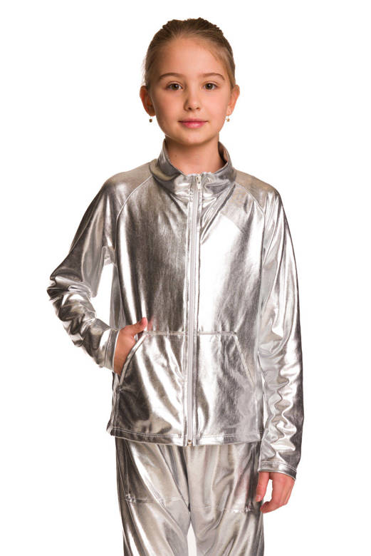 Metallic shining sweatshirt with long sleeves, a stand-up collar, zipper and pockets, silver stage outfit.