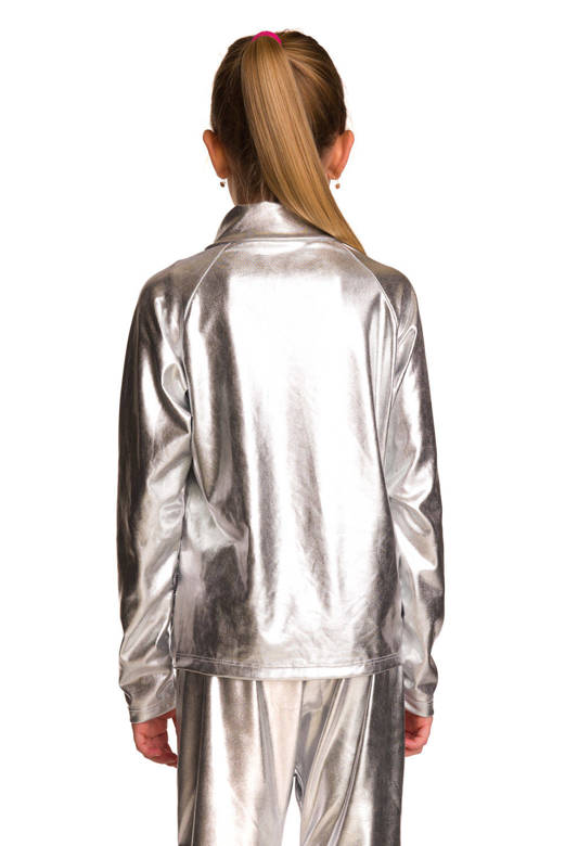 Metallic shining sweatshirt with long sleeves, a stand-up collar, zipper and pockets, silver stage outfit.