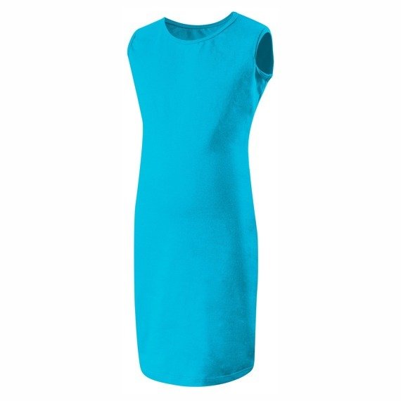 Sleeveless turquoise pencil dress.