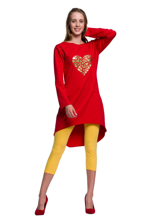 Tunic Dress with Gold Heart Print in Red.
