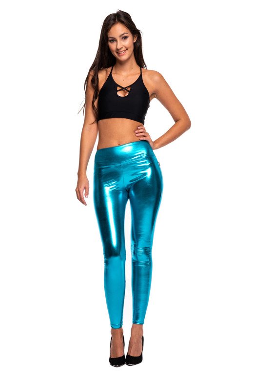 Turquoise High-Waisted Women's Metallic Shiny Leggings with Long Legs for Performance