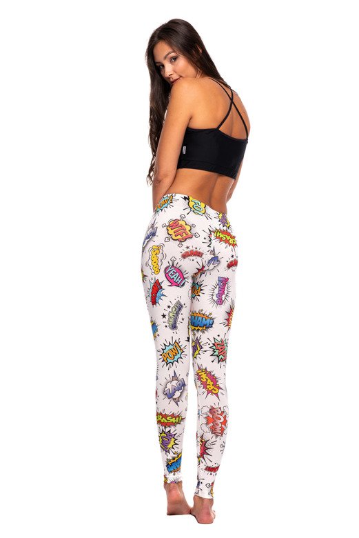 Women's children's sports leggings WOW white with colorful inscriptions.