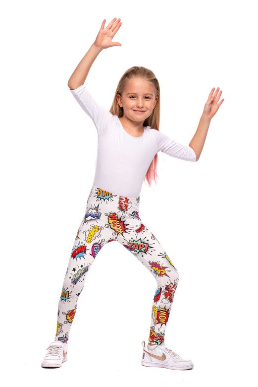 Women's children's sports leggings WOW white with colorful inscriptions.