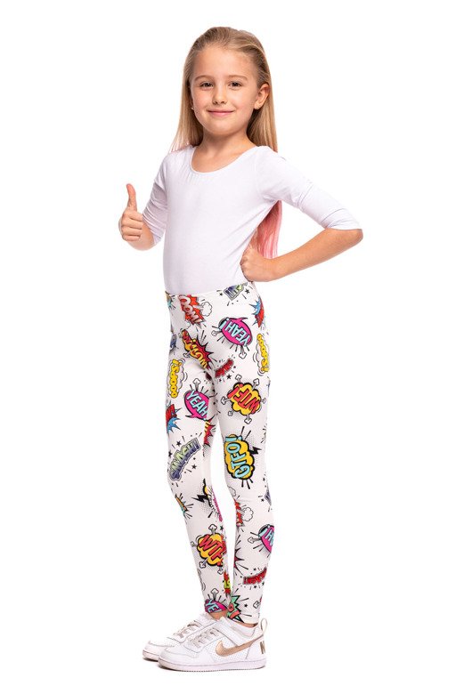 Women's children's sports leggings WOW white with colorful inscriptions.