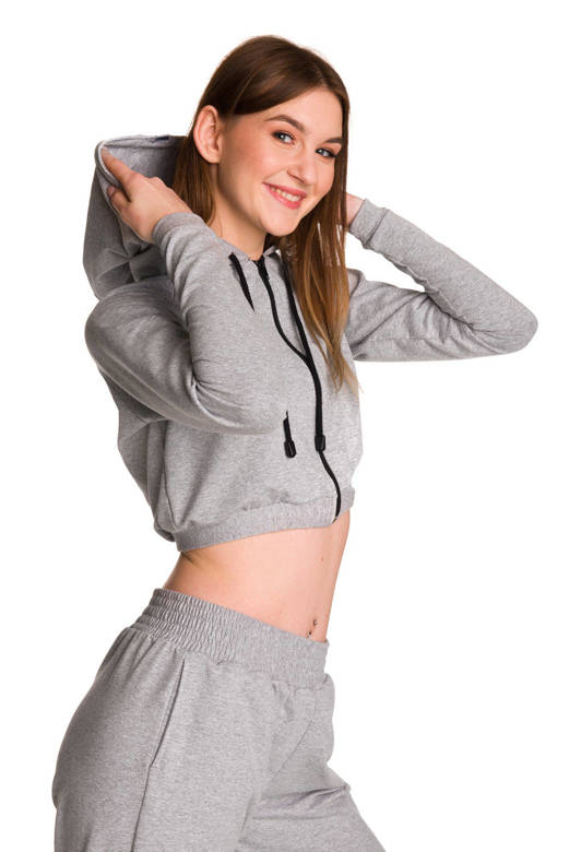 Women's short sweatshirt hoodie with large hood for girls in melange gray.