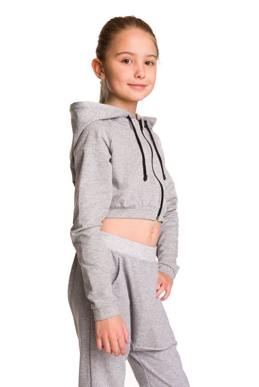 Women's short sweatshirt hoodie with large hood for girls in melange gray.