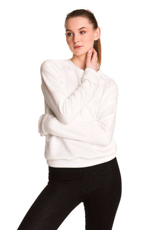 Women's white quilted sports sweatshirt without a hood.