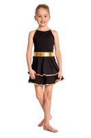 Black children's women's dress with thin straps, frills and golden trim.