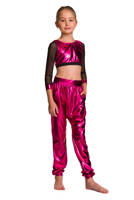 Girls' Metallic Shiny Long Sleeve Mesh Top for Sports Performance in Fuchsia.