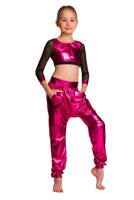 Girls' Metallic Shiny Long Sleeve Mesh Top for Sports Performance in Fuchsia.