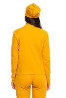 Mustard-colored sporty sweatshirt with stand-up collar, zipper, and pockets.