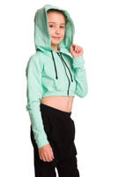 Short mint hoodie for girls with a big hood and made of sweatshirt fabric.