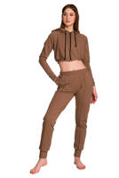 Short women's hoodie made of sweatshirt material with a large hood, designed for young girls, in a coffee color.