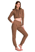 Short women's hoodie made of sweatshirt material with a large hood, designed for young girls, in a coffee color.