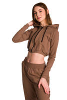 Short women's hoodie made of sweatshirt material with a large hood, designed for young girls, in a coffee color.