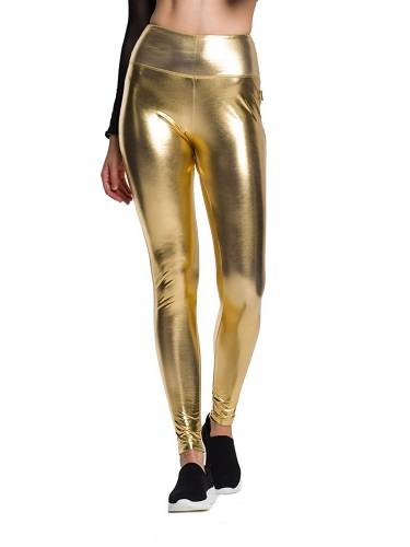 Metallic-glänzende Leggings für Damen mit langem Bein und hoher Taille für eine Performance GOLD