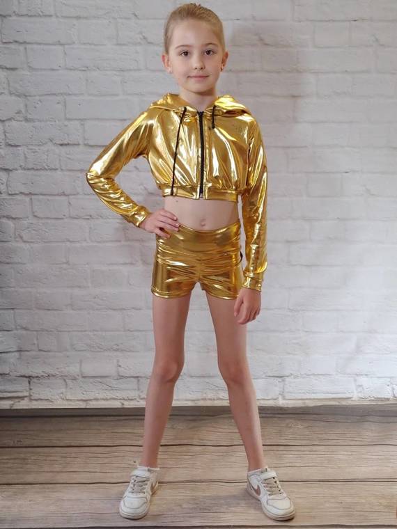 Metallisch glänzendes Kinder-Sweatshirt mit großer Kapuze für Auftritte in Gold