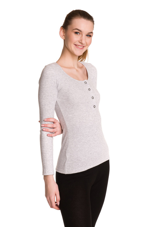 Blusa da donna a maniche lunghe in cotone a righe grigio melange