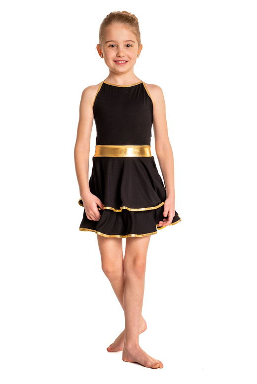 Vestido infantil de mujer de tirantes finos con volantes y ribete dorado para rendimiento negro