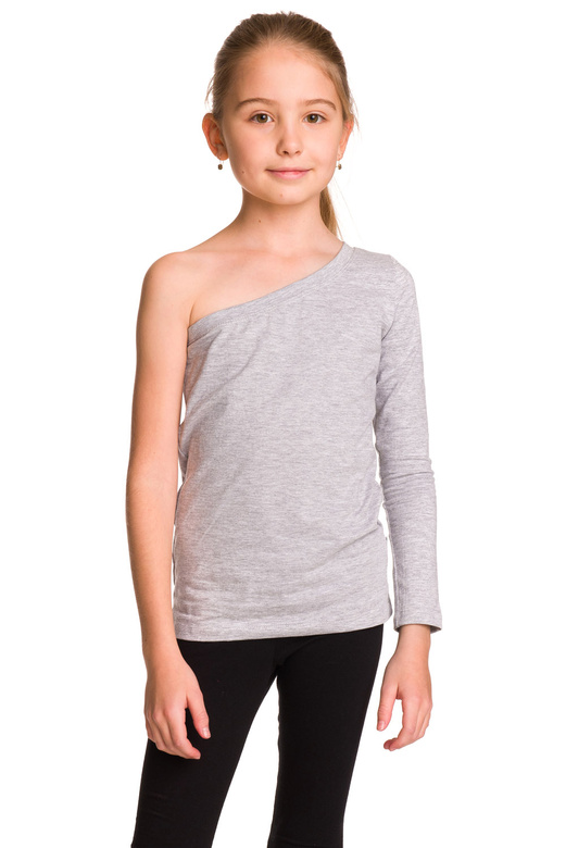 Blusa asimétrica de algodón con manga larga, escote diagonal, gris melange