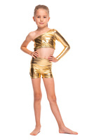 Top sportivo da donna per ragazze metallizzato lucido asimmetrico con maniche lunghe e scollo obliquo per una performance d'oro