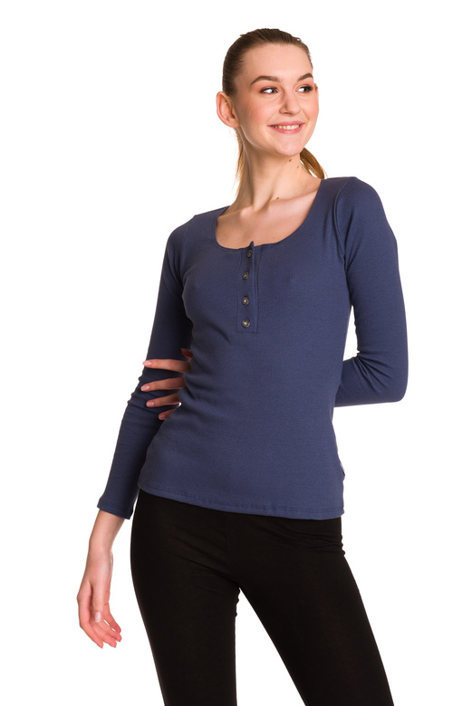 Blusa da donna in cotone a maniche lunghe con riga in denim