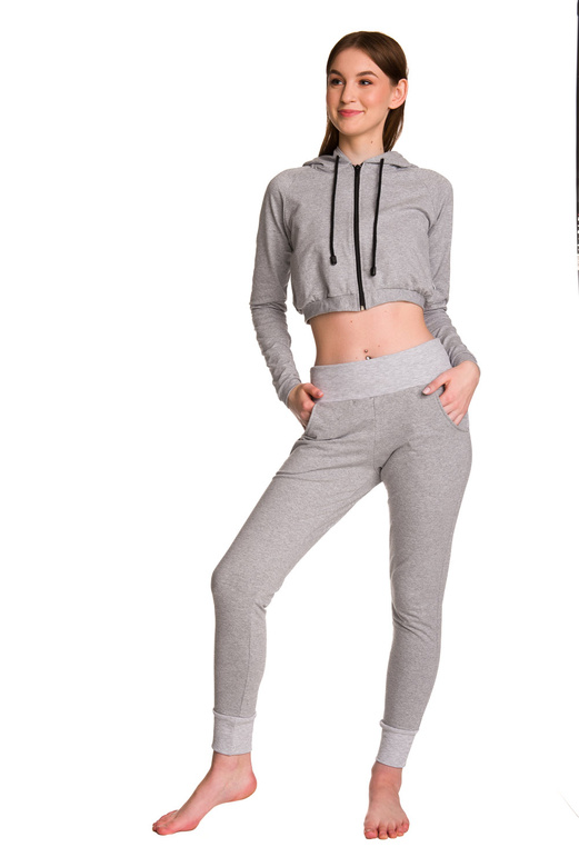 Women's short sweatshirt hoodie with large hood for girls in melange gray.