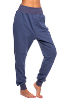 Women's, men's, and children's drop-crotch jogger sweatpants with a jeans-inspired look.