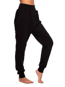 Black drop-crotch sweatpants for women, men, and children.