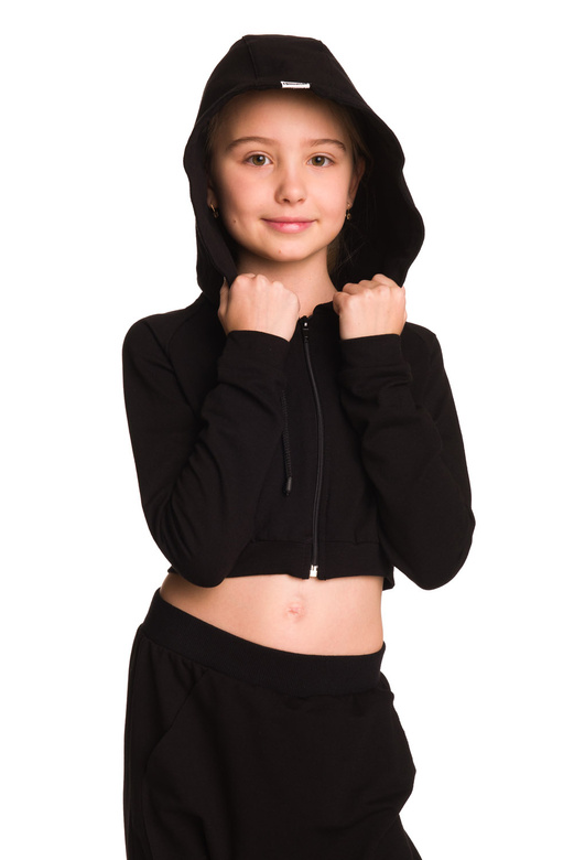 Short black women's hoodie with a large hood for girls - made of sweatshirt material.