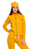 Mustard-colored sporty sweatshirt with stand-up collar, zipper, and pockets.