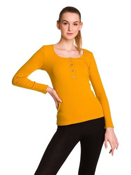 Blusa da donna in cotone a maniche lunghe con riga color senape