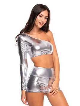 Top décolleté asymétrique brillant métallisé à manches longues argent