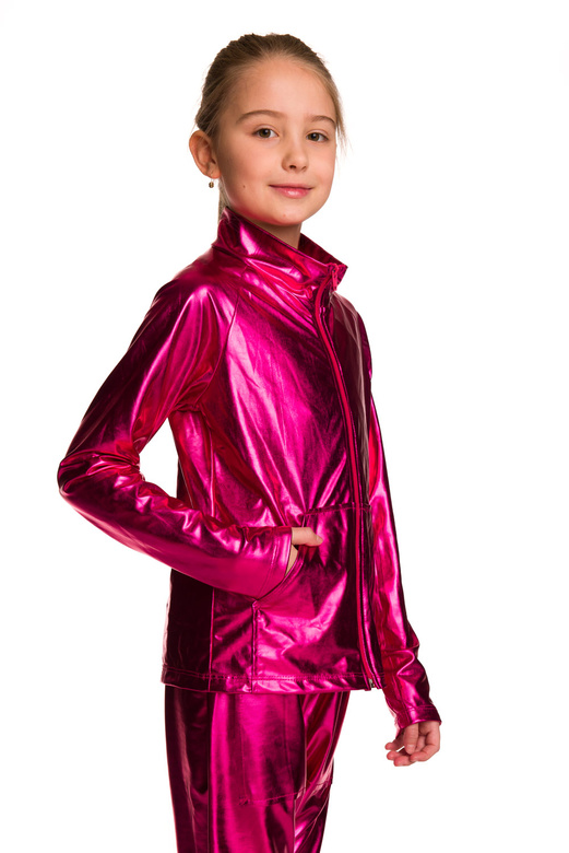 Metallic shimmering sweatshirt with long sleeves, zip stand-up collar, and fuchsia showcase pockets.