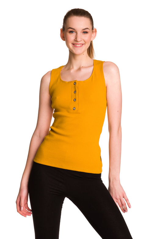 Blusa da donna in cotone senza maniche con riga color senape