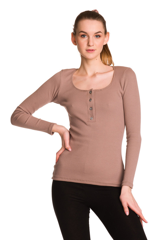 Blusa de mujer de manga larga de algodón con raya beige