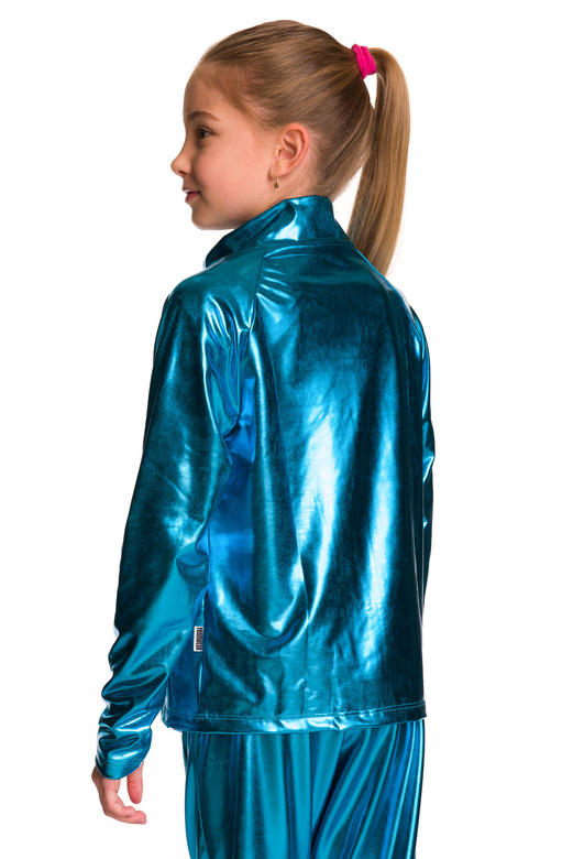 Sudadera de manga larga metalizada brillante con cuello alto, cremallera y bolsillos de rendimiento turquesa