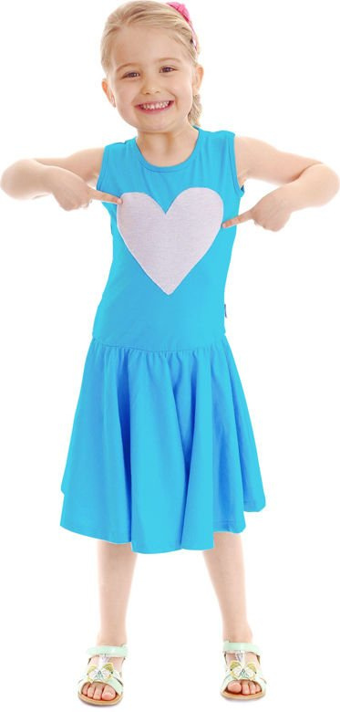 Fairy-tale flared dress for a little girl with a turquoise HEART motif.