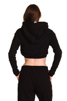 Short black women's hoodie with a large hood for girls - made of sweatshirt material.