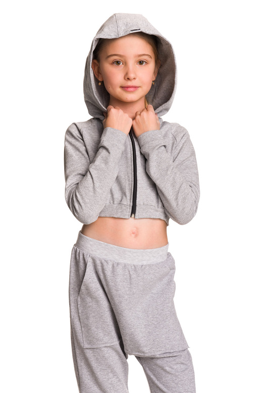 Women's short sweatshirt hoodie with large hood for girls in melange gray.