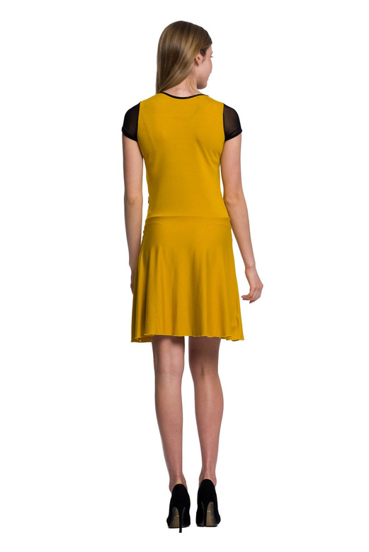 Short sleeve mesh dress with mustard straps neckline