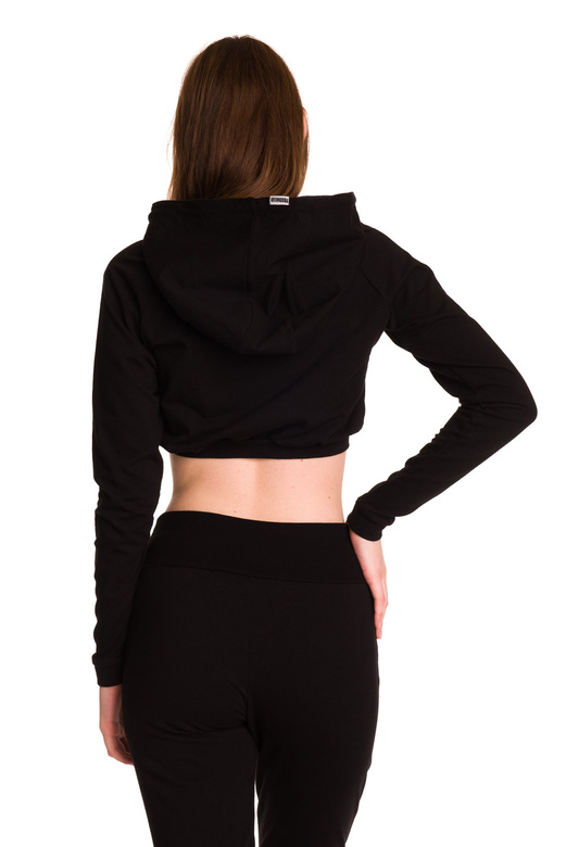 Short black women's hoodie with a large hood for girls - made of sweatshirt material.