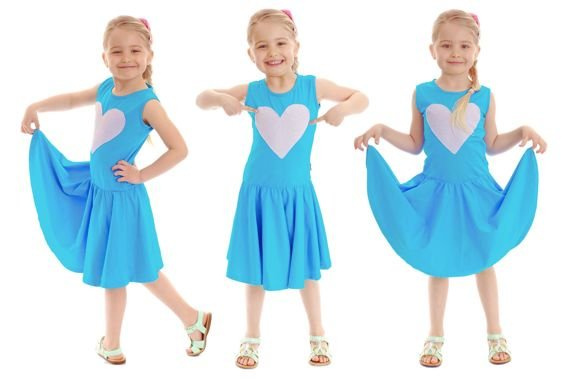 Fairy-tale flared dress for a little girl with a turquoise HEART motif.