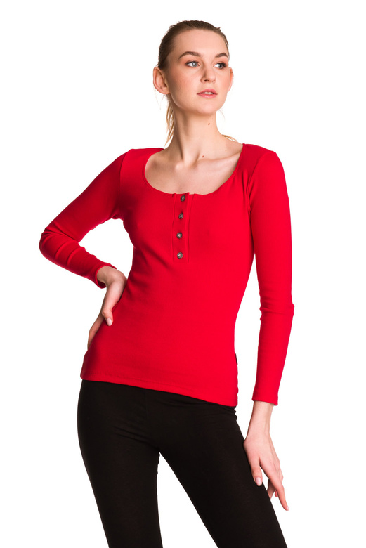 Blusa de mujer de manga larga de algodón con raya roja