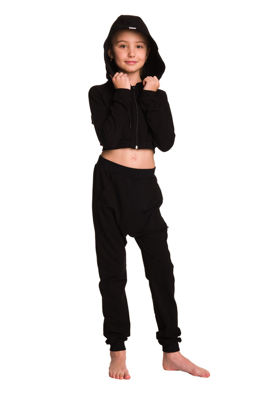 Short black women's hoodie with a large hood for girls - made of sweatshirt material.