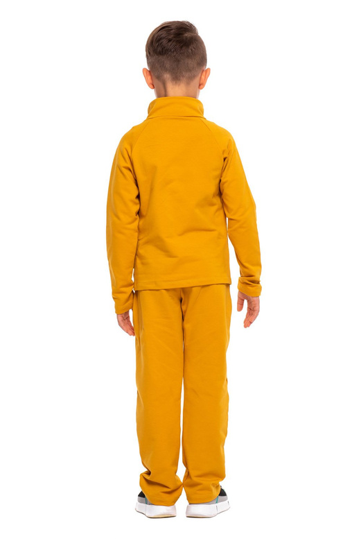 Mustard-colored sporty sweatshirt with stand-up collar, zipper, and pockets.